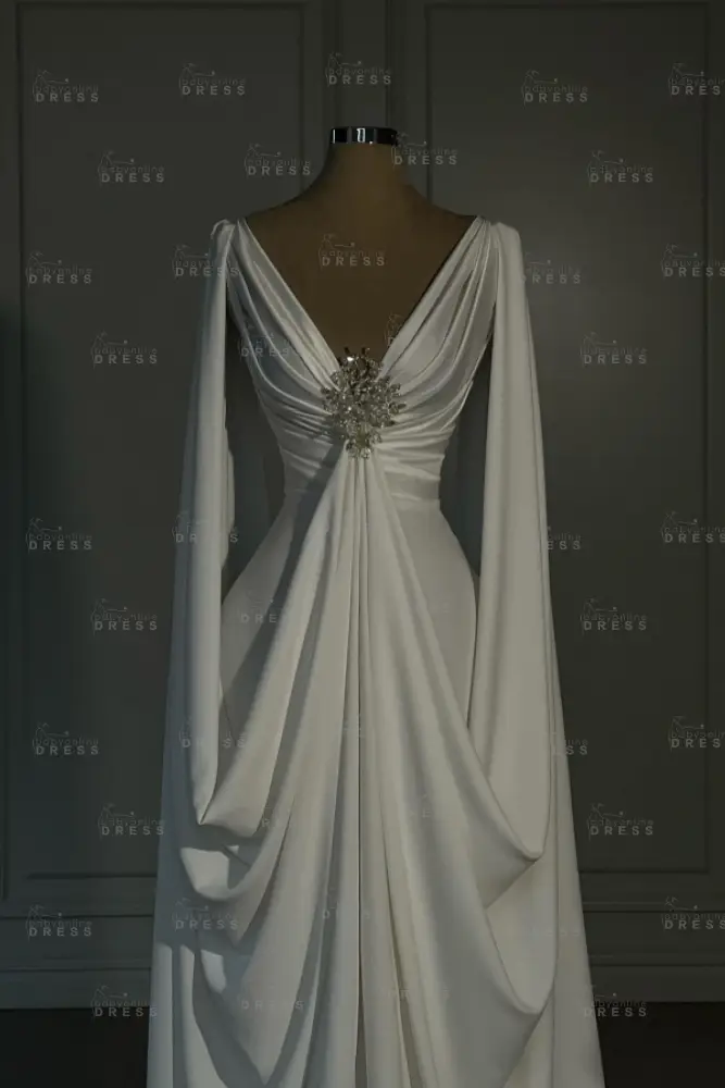 Long sleeves V-neck Satin Ruffles Ivory Prom Dresses