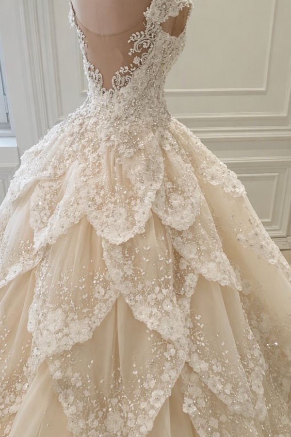 Luxurious Off the Shoulder Beading Wedding Dress Crystal Tiered Chapel Train Bridal Gowns