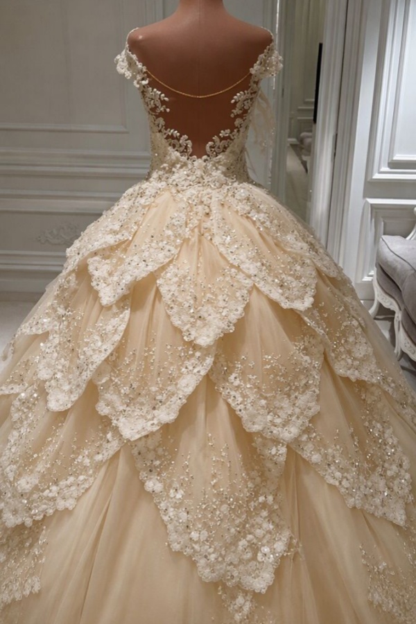 Luxurious Off the Shoulder Beading Wedding Dress Crystal Tiered Chapel Train Bridal Gowns