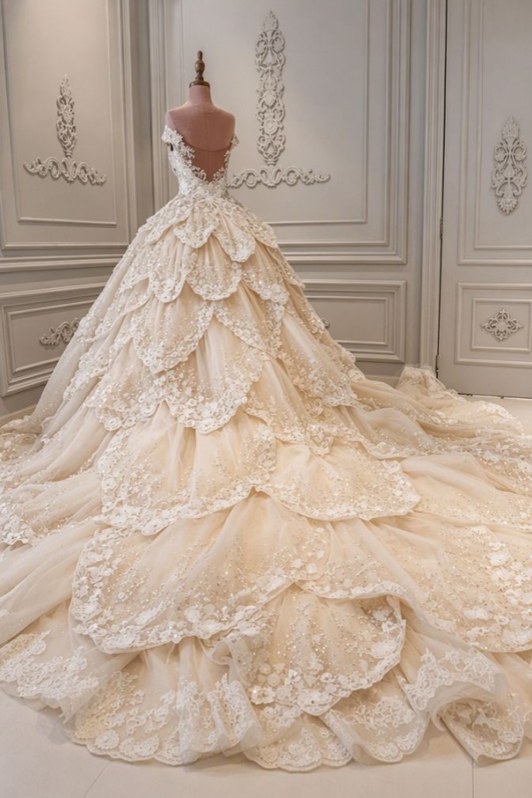 Luxurious Off the Shoulder Beading Wedding Dress Crystal Tiered Chapel Train Bridal Gowns