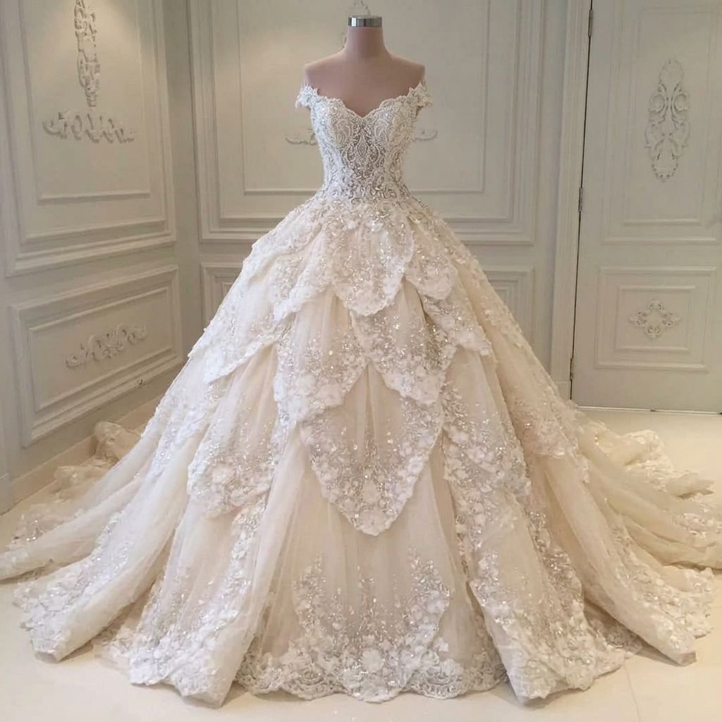 Luxurious Off the Shoulder Beading Wedding Dress Crystal Tiered Chapel Train Bridal Gowns