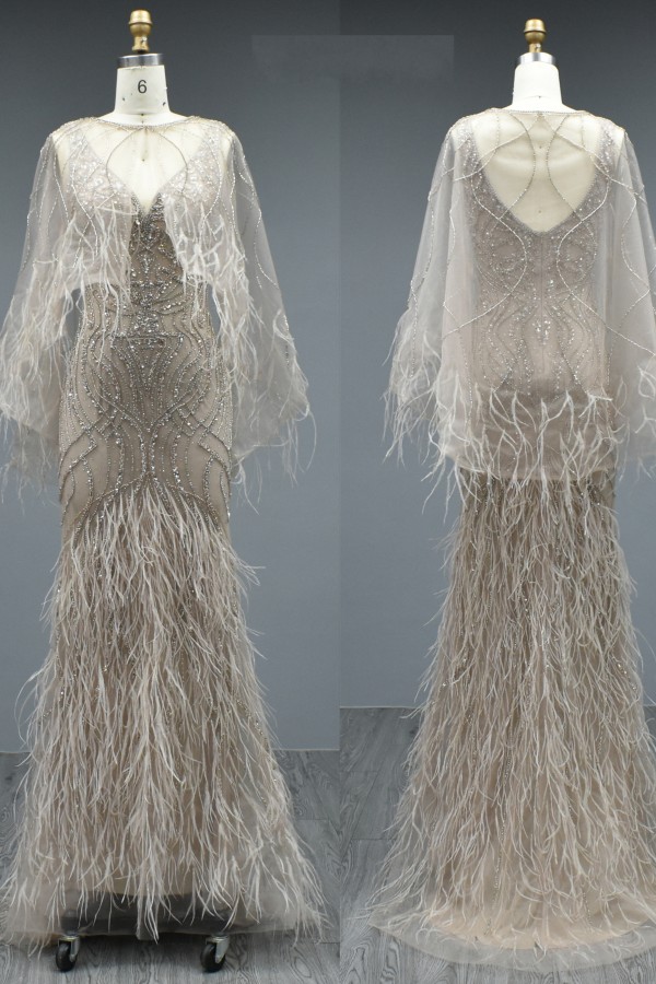 Luxury Feather V-neck Mermaid Arabic Evening Dresses