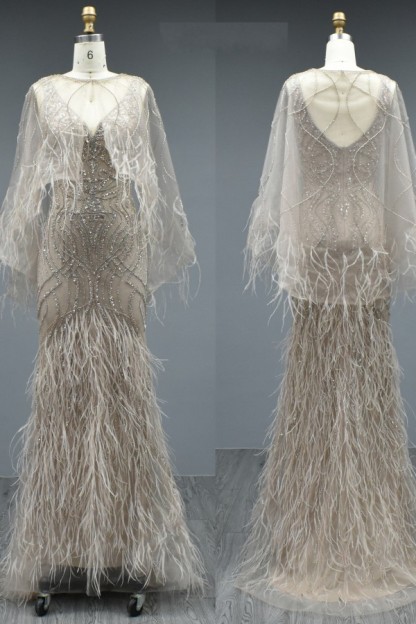 Luxury Feather V-neck Mermaid Arabic Evening Dresses