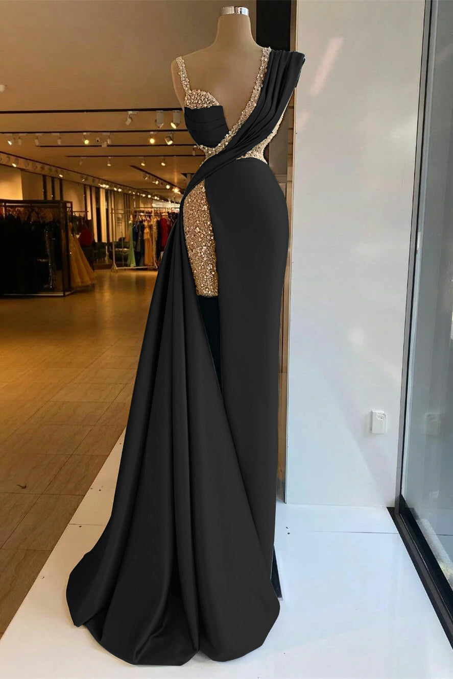 Luxury Satin Prom Dress High Split with Sequins Sleeveless Evening Gown Black