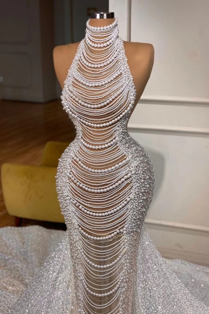 Luxury Halter Beadings Mermaid Evening Gown Chapel Train Pearls