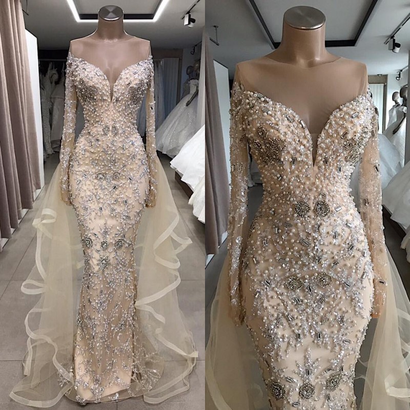 Luxury Long sleeve off-the-shoulder prom dress with fully-covered beads