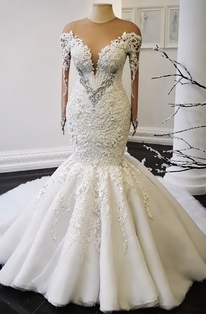 Sexy Crystals Long Sleeves Wedding Dresses | Off-the-Shoulder Mermaid Bridal Gowns