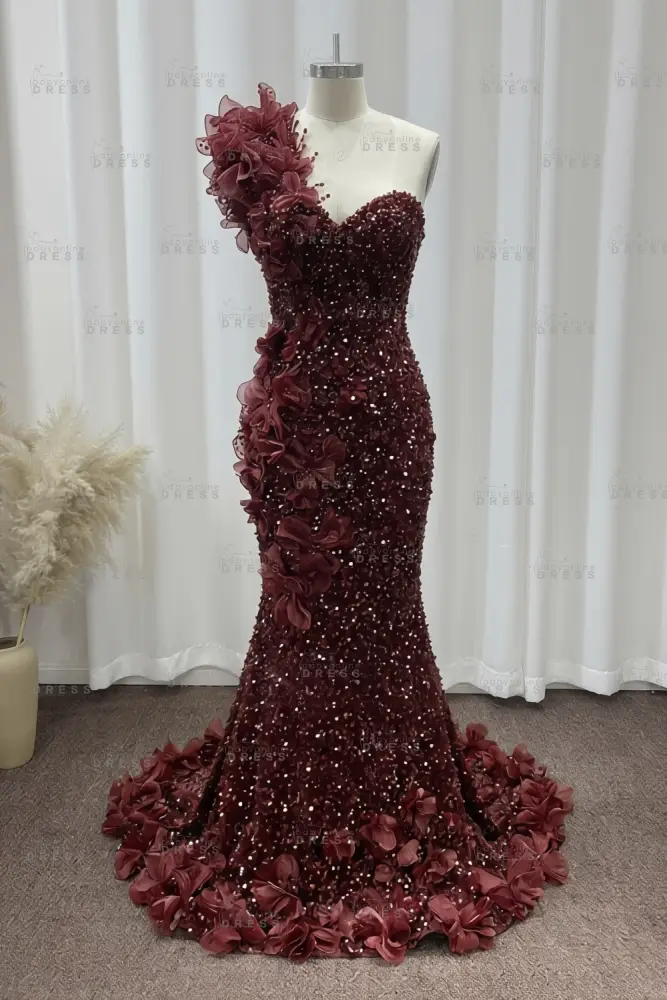 Luxury One Shoulder Sequins Mermaid Prom Dress with Beadings Evening Gown Appliques