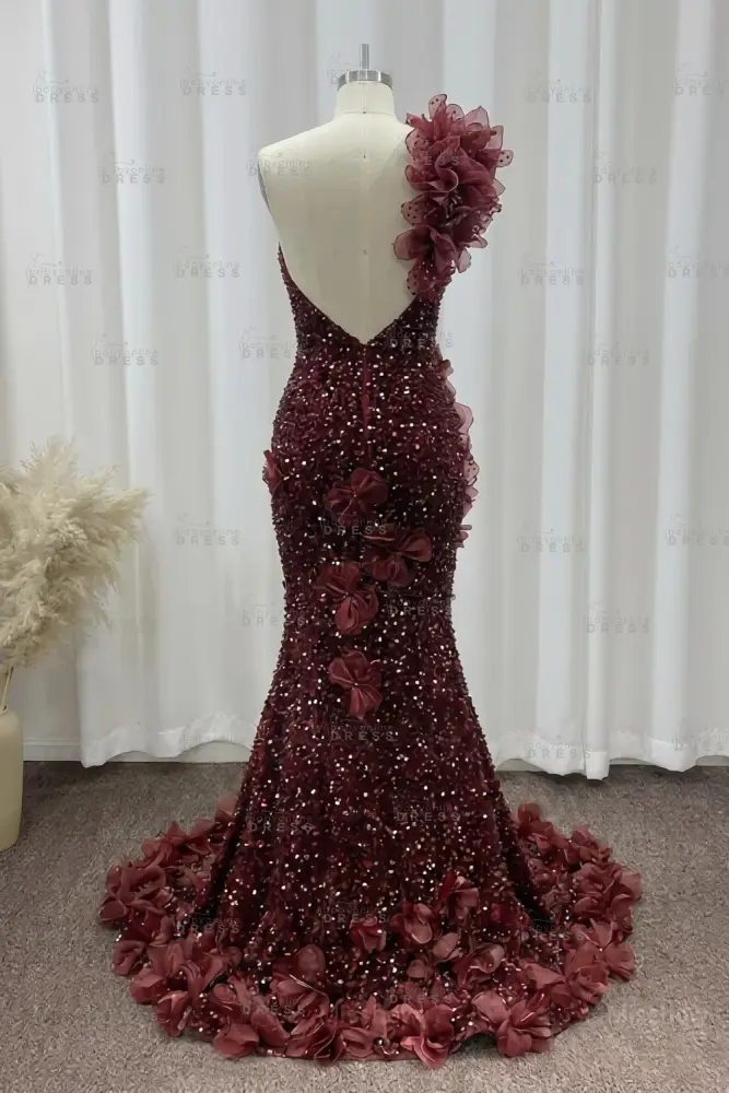 Luxury One Shoulder Sequins Mermaid Prom Dress with Beadings Evening Gown Appliques