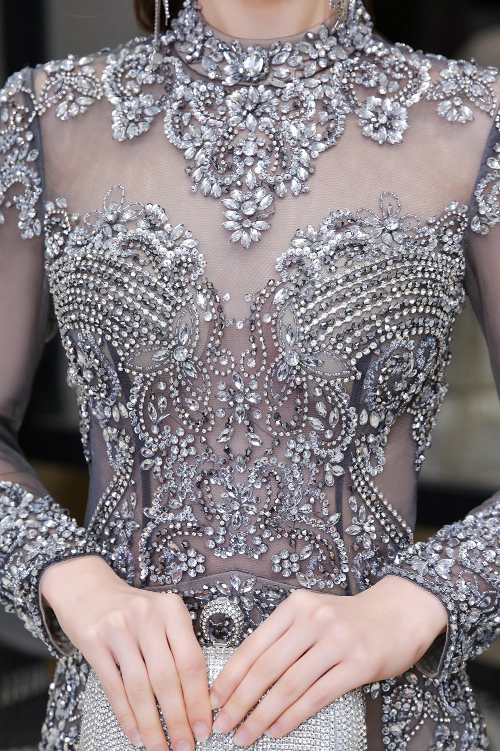 Luxury Sparkle Cap sleeves High neck Beads Long Prom Dresses