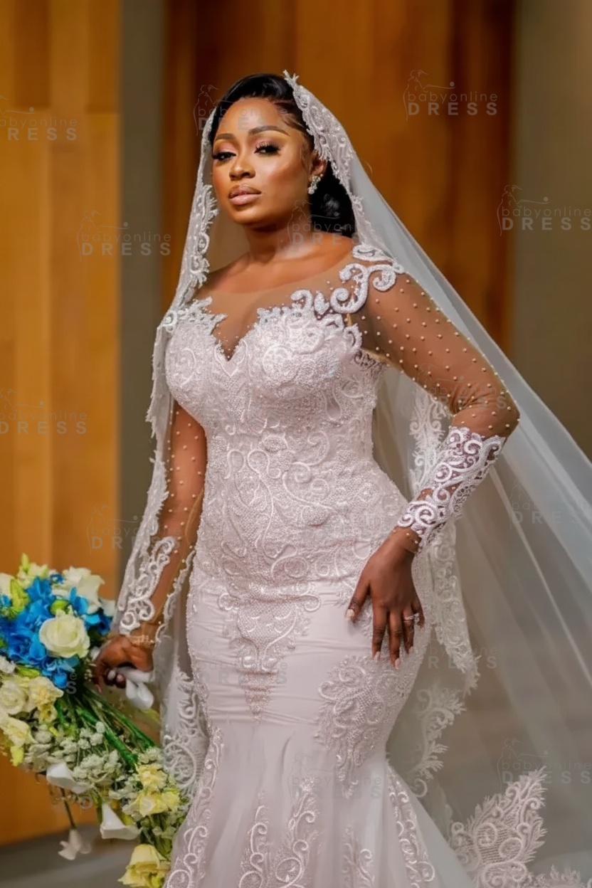 Gorgeous Mermaid Bridal Gown with Long Sleeves Pearls Lace Appliques Wedding Dress