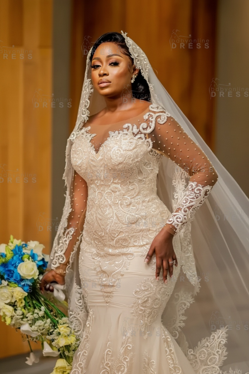 Gorgeous Mermaid Bridal Gown with Long Sleeves Pearls Lace Appliques Wedding Dress