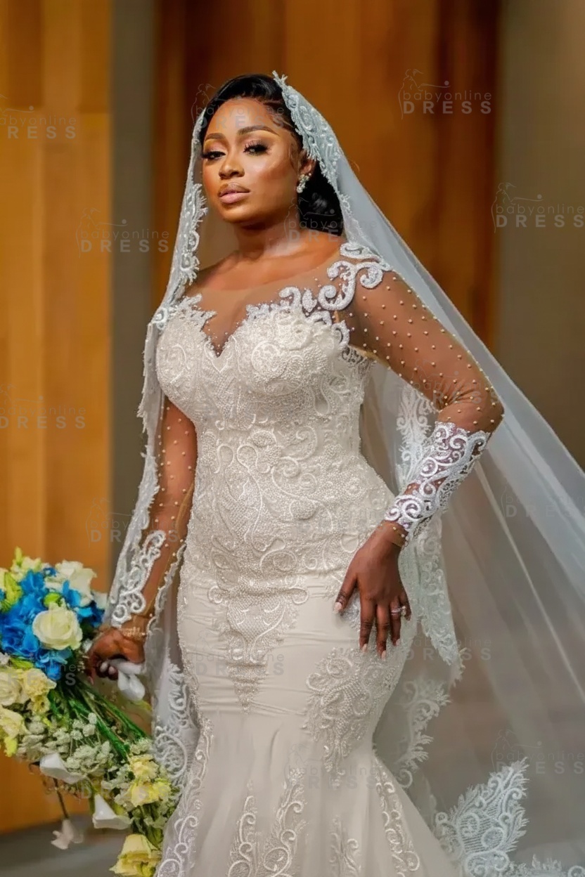 Gorgeous Mermaid Bridal Gown with Long Sleeves Pearls Lace Appliques Wedding Dress