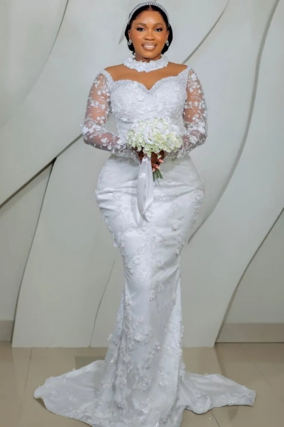 3D Flowers Crystals Mermaid Wedding Dresses Long Sleeves High Neck Illusion Beaded Lace Bridal Gowns with Appliques