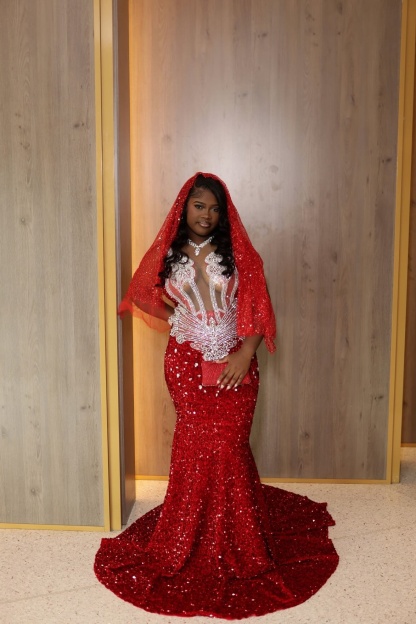 Red Straps Sequins Mermaid Long Prom Dress with Veils