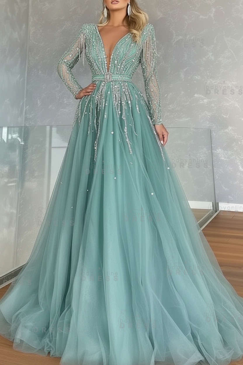 Long Sleeves V-neck Ball Gown A-line Prom Dress with Beadings