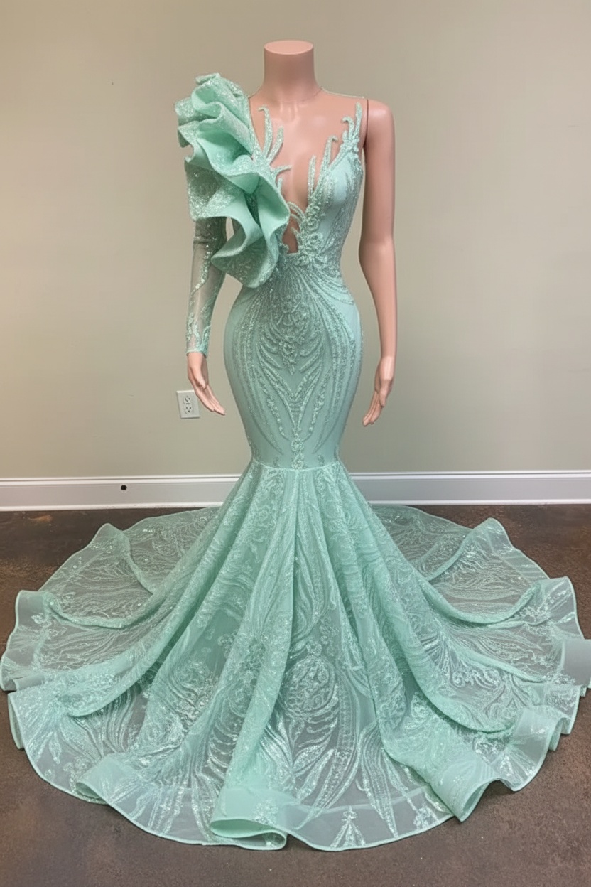 Chic Black Long Sleeve Asymmetrical Floor Length Mermaid Prom Dress