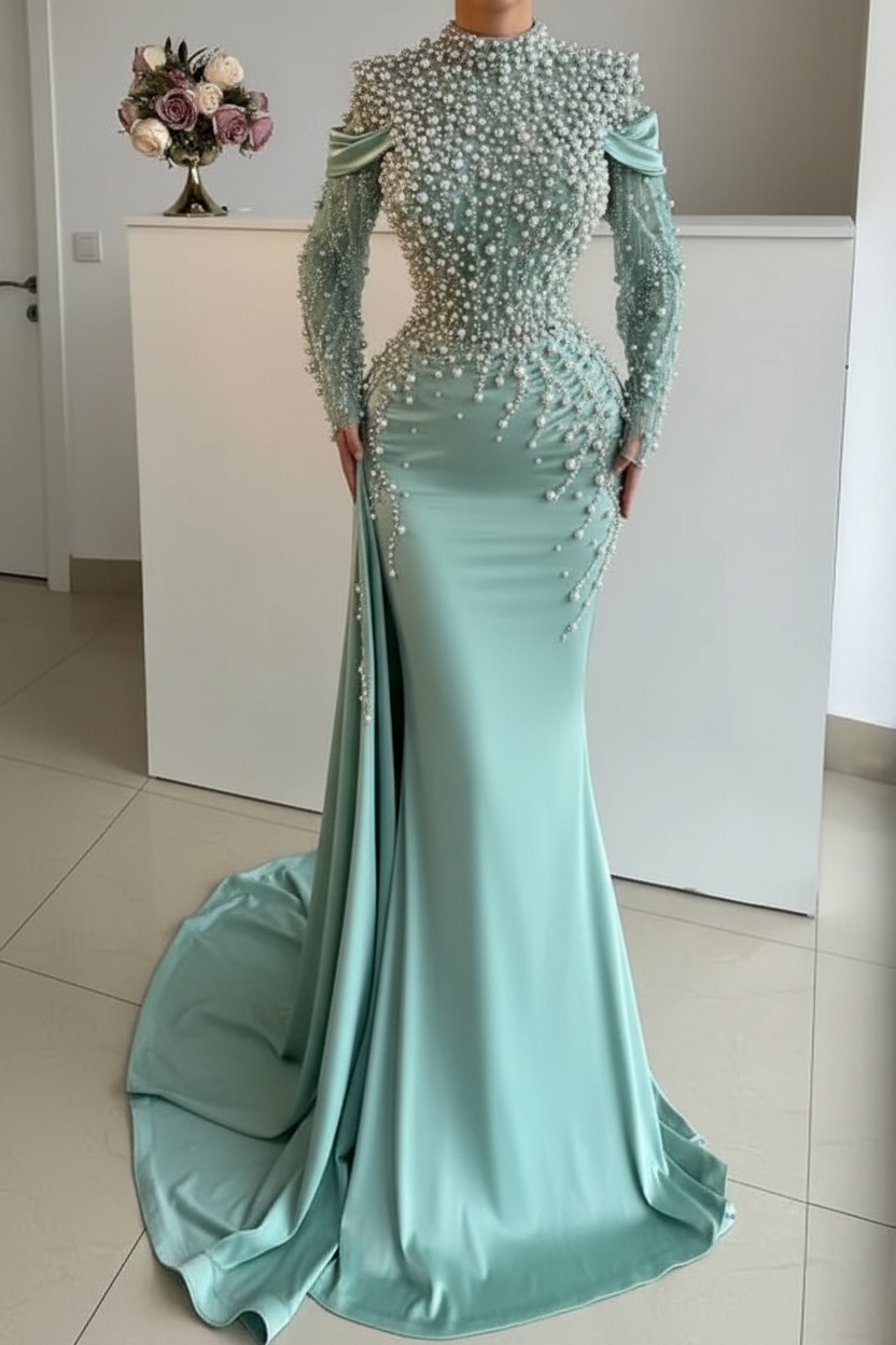 Unique High Neck Beading Long Sleeve Mermaid Prom Dresses