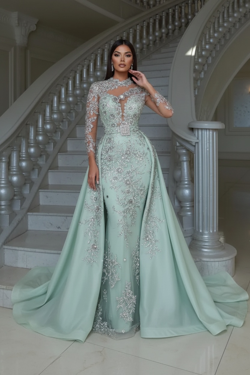 Blushing pink Long sleeves Overskirt Lace Prom Dresses