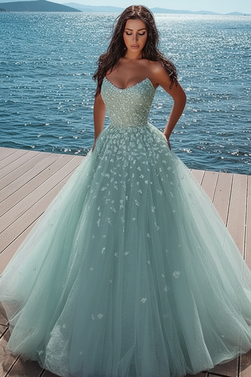 Elegant sky blue Butterfly Strapless Sweetheart Tulle Sparkle Prom Dress