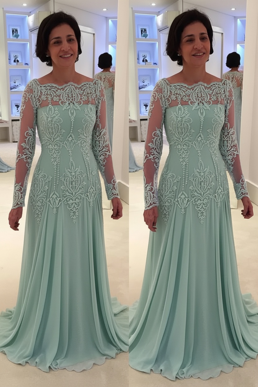 Elegant Floor-Length Lace Long-Sleeves A-line Mother of the Bride Dress 