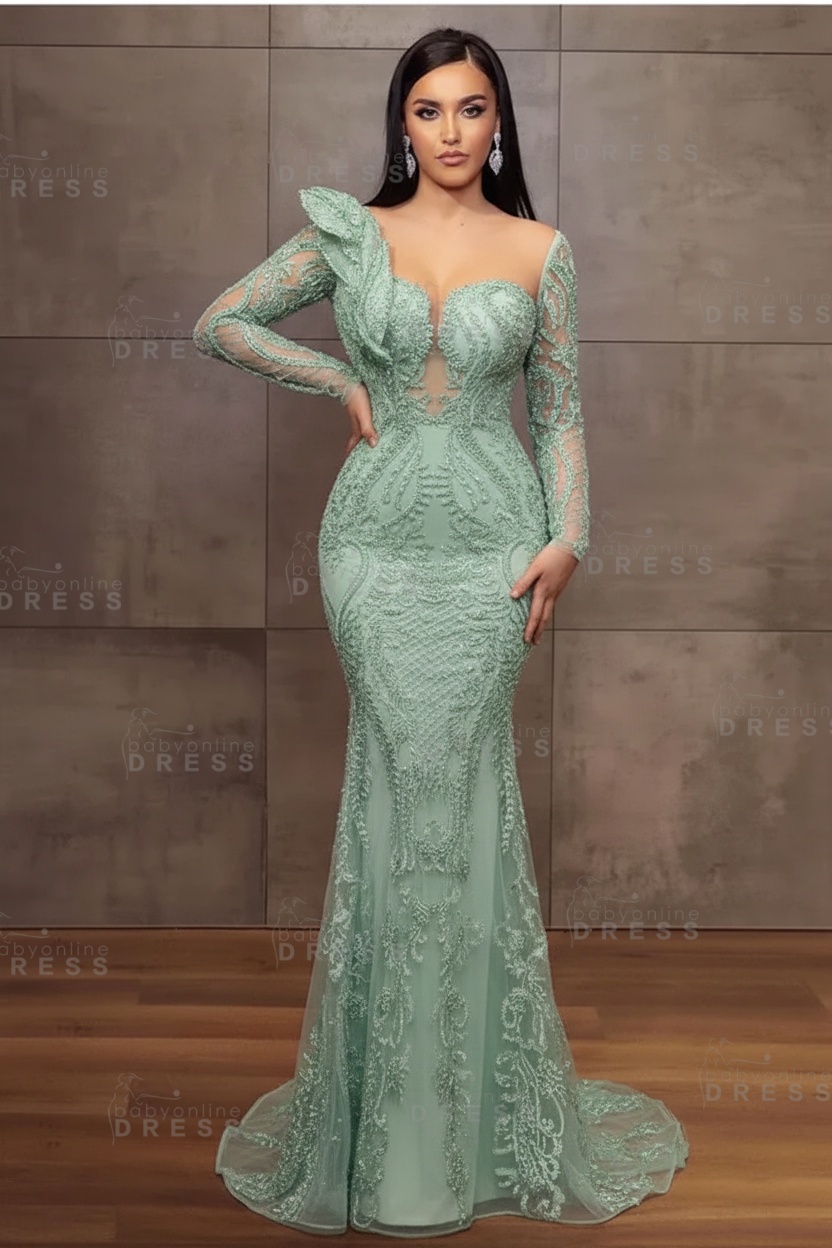 Stunning Burgundy Beadings Long Sleeves Mermaid Prom Dress