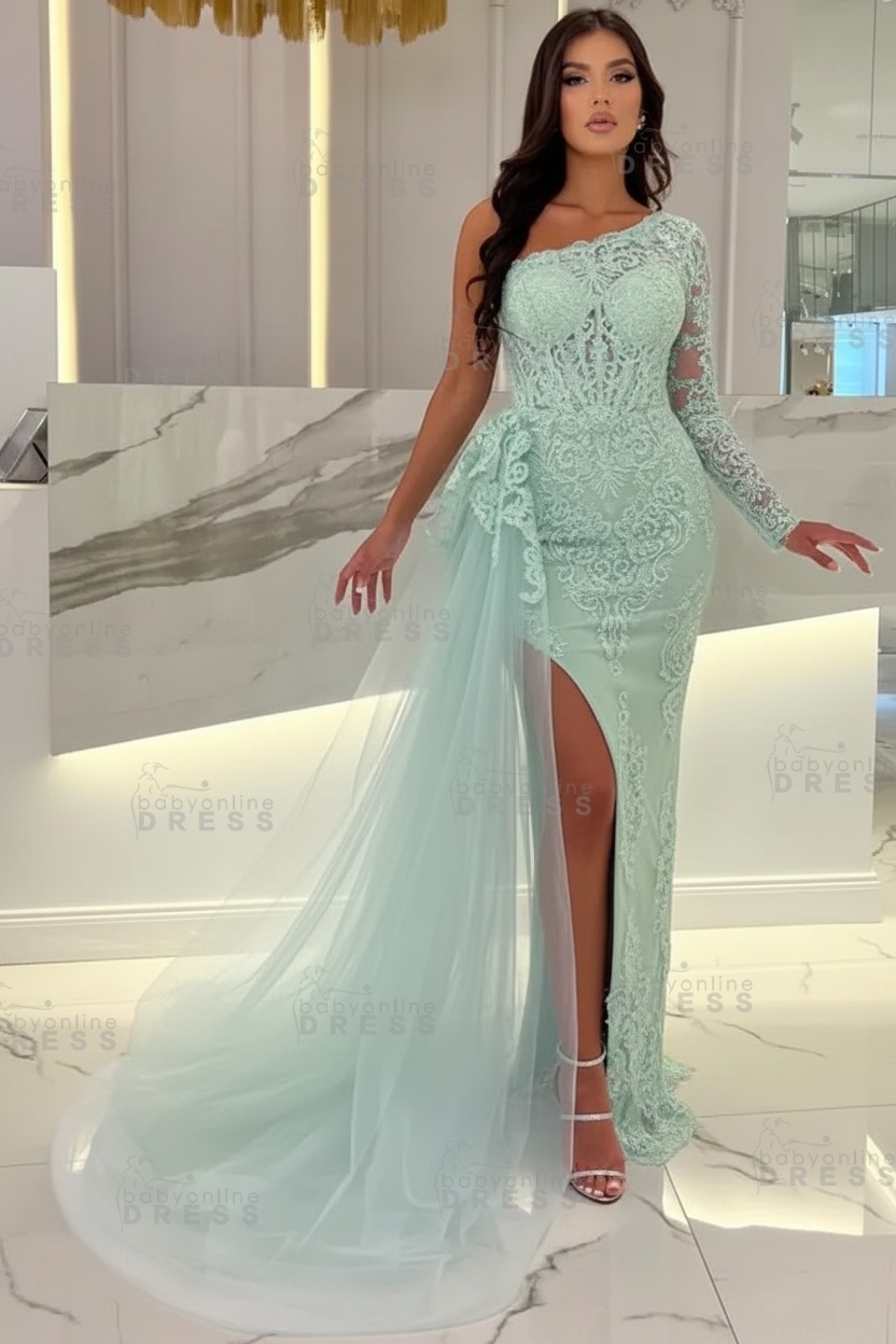 Sexy Sky blue One-shoulder Mermaid Prom Dress Tulle with High split
