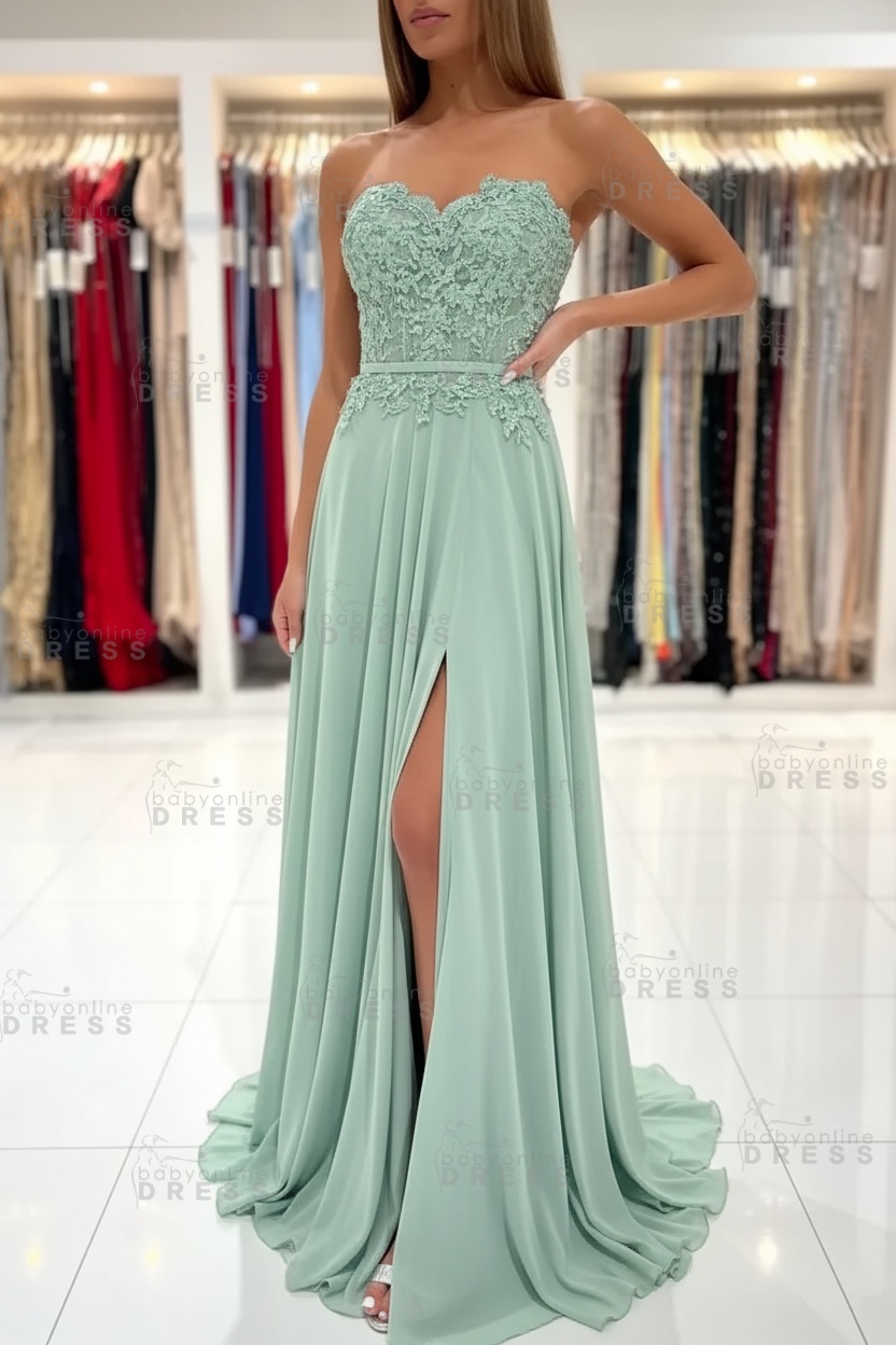 Sweetheart Strapless A-Line Chiffon Floor Length High Split Prom Dress