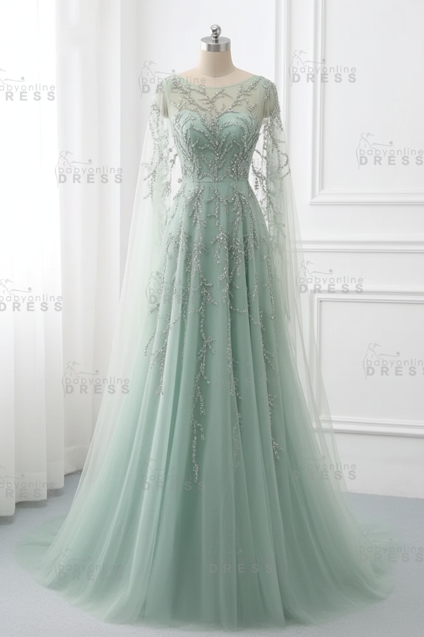 Elegant Jewel Long Sleeves Ruffle Prom Dresses with Beadings Online