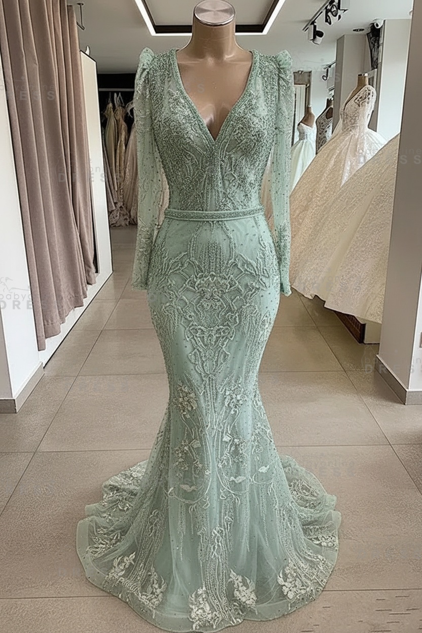 Gorgeous Mermaid Lace Beading V Neck Long Sleeves Prom Dresses | Evening Gowns With Beading Waistband