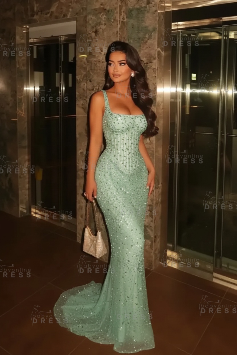 Glitter Spaghetti Straps Sequins Mermaid Prom Dress Floor Length