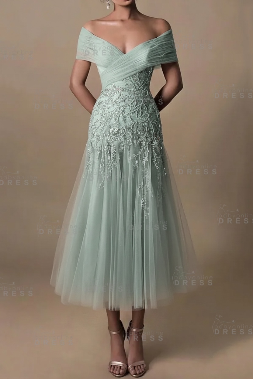 Champagne V-Neck A-Line Tea Length Prom Dress Tulle Mother of the Bride Dress