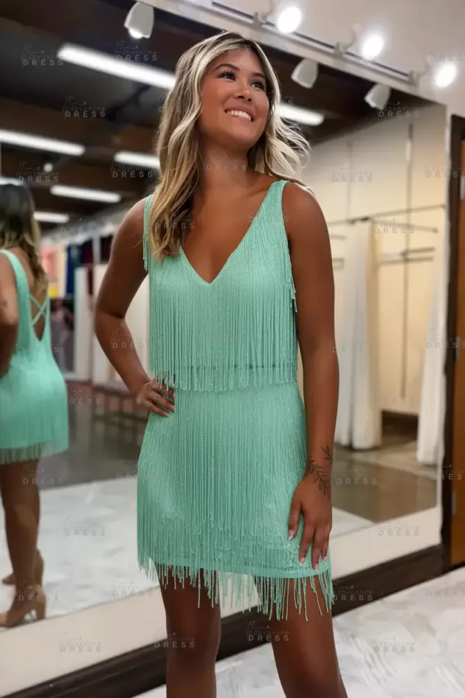 White V-Neck Backless Short Homecoming Dress with Tassels