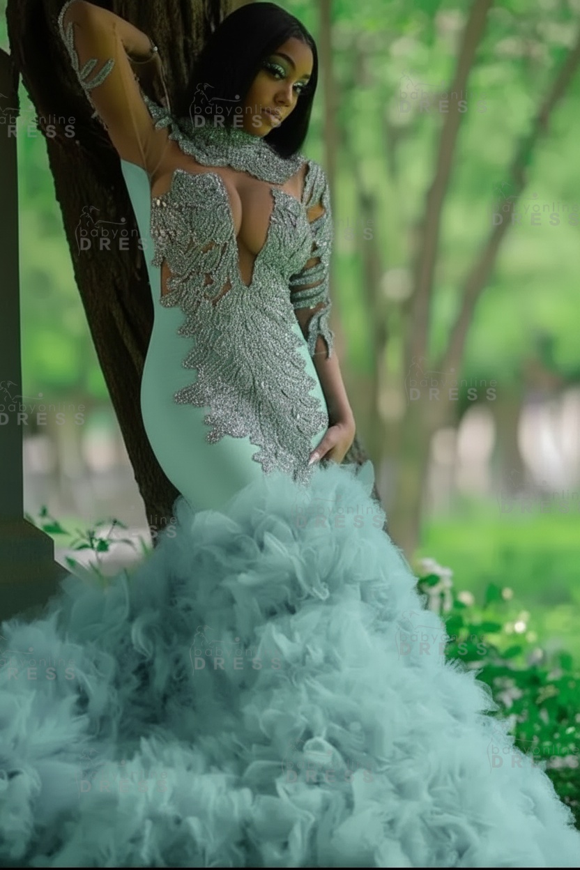 Glamorous Slim Mermaid Evening Gowns with sleeves Beadings Prom Dress