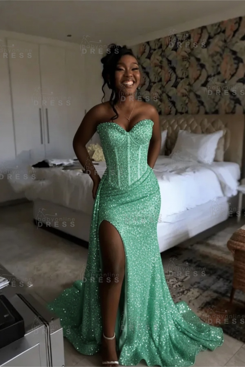 Sexy Orange Mermaid Prom Dress with Sequins High Split Strapless Long Party Dress