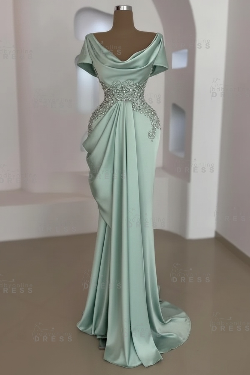 Short sleeves Mermaid Round neck Gray Prom Dresses