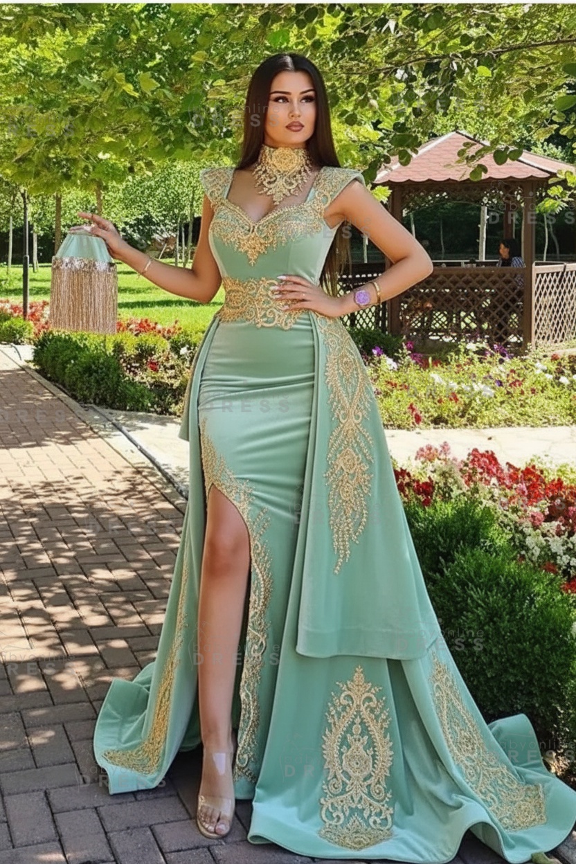 Dark Green Velvet Mermaid Evening Dress with Gold Lace appliques