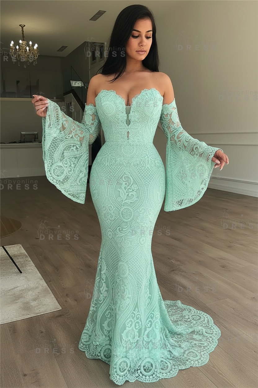 Off-the-Shoulder Long Sleeves Lace Floor-Length Mermaid Evening Dress