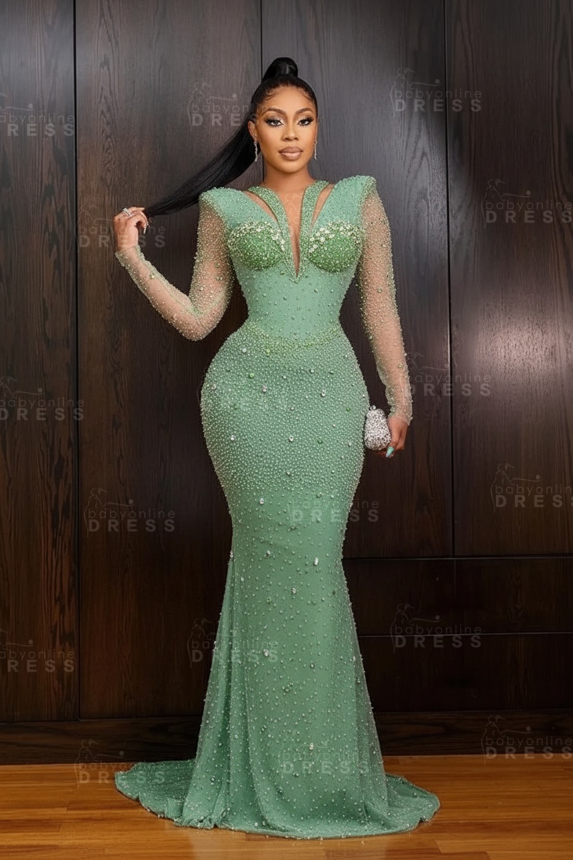 Green V-Neck Beadings Long Sleeves Floor-Length Mermaid Prom Dress