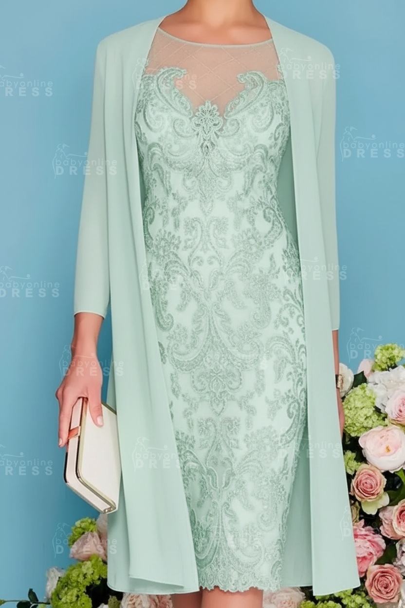 Scoop Neck Two Piece of Mermaid Slim Mother of the Bride Dress Chiffon 3/4 Sleeves Wedding Guest Outfits