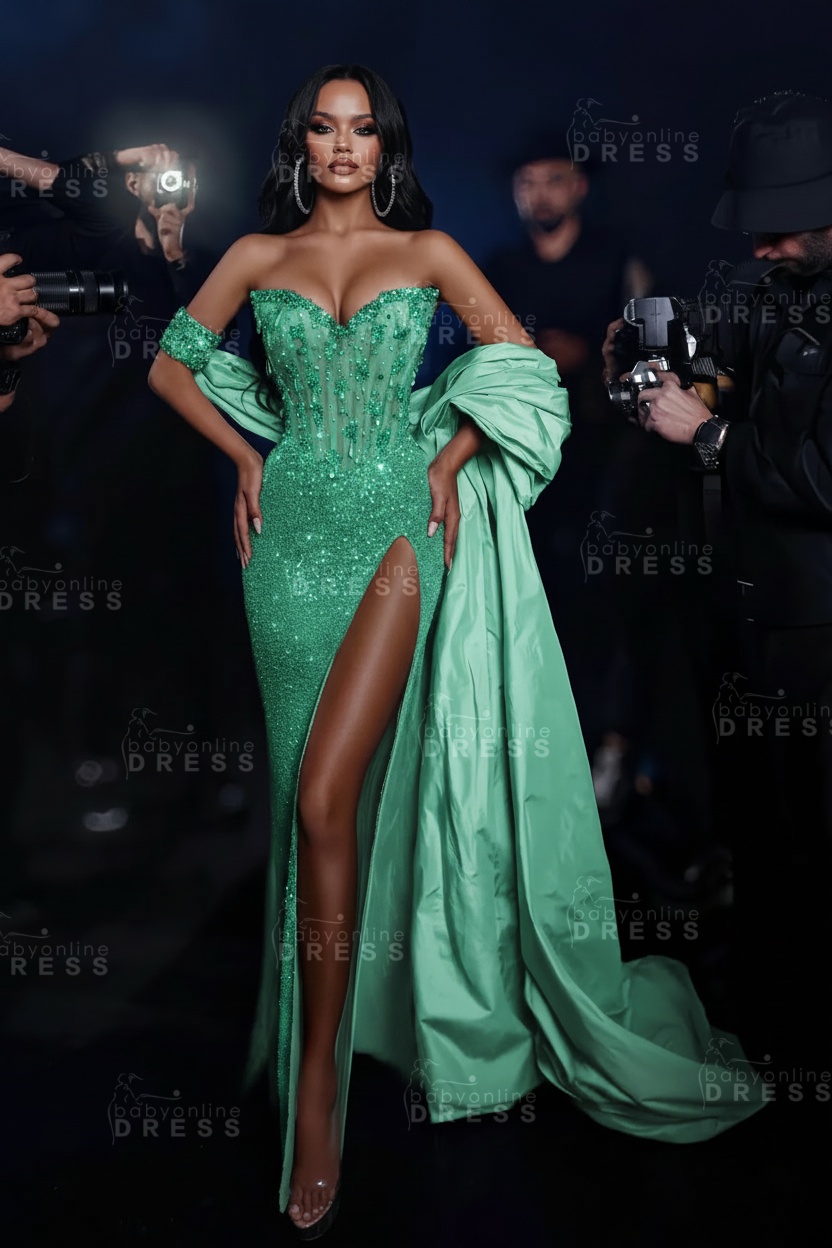 Sexy Strapless Sweetheart Crystal Mermaid Evening Dresses with Slit