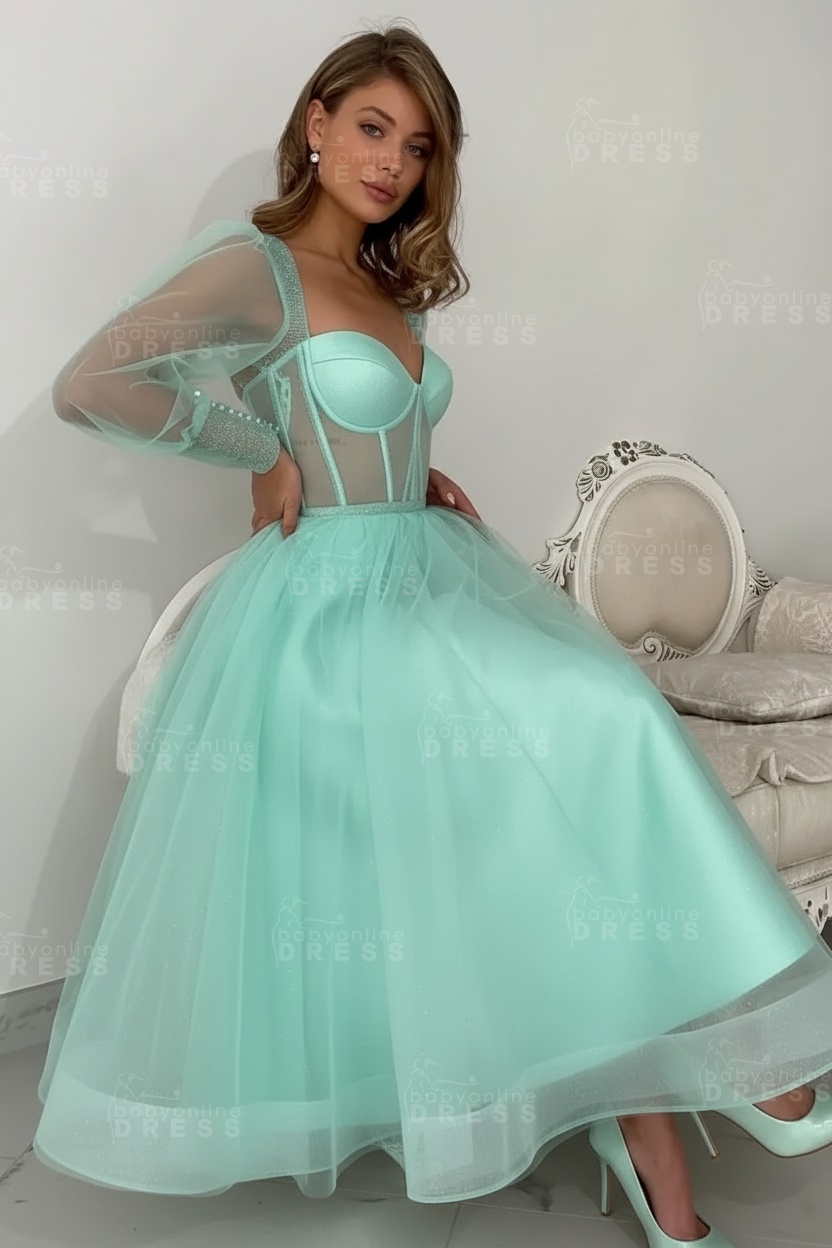 Long sleeves Pink See through Tulle Homecoming Dresses Aline