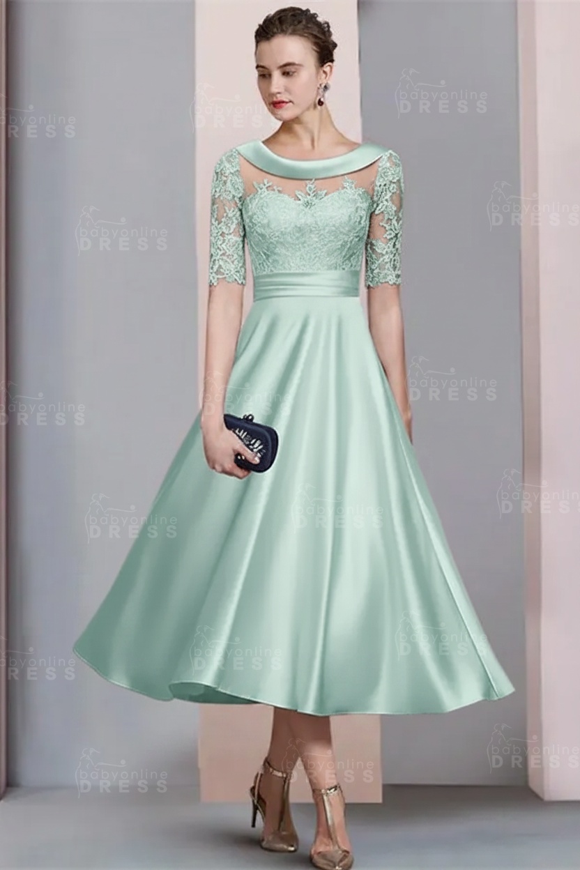 Elegant Ivory Jewel Lace Beading A-Line Tea Length Satin Wedding Guest Dress Formal Mother Dress