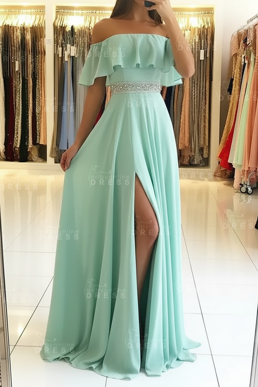 Sky Blue Off The Shoulder Evening Dresses Sexy | Chiffon Side Slit Prom Dress with Crystals Belt