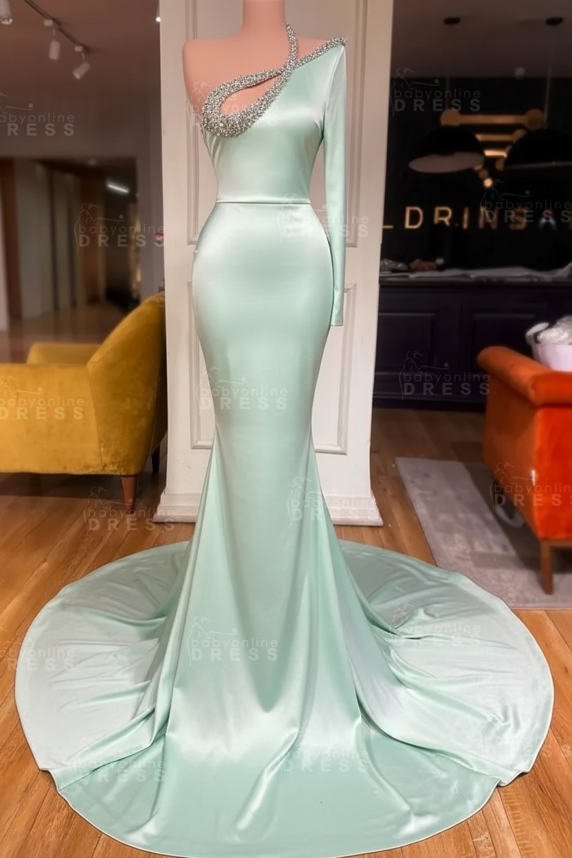 Long sleeves Beaded neckline Black Mermaid Prom Dresses