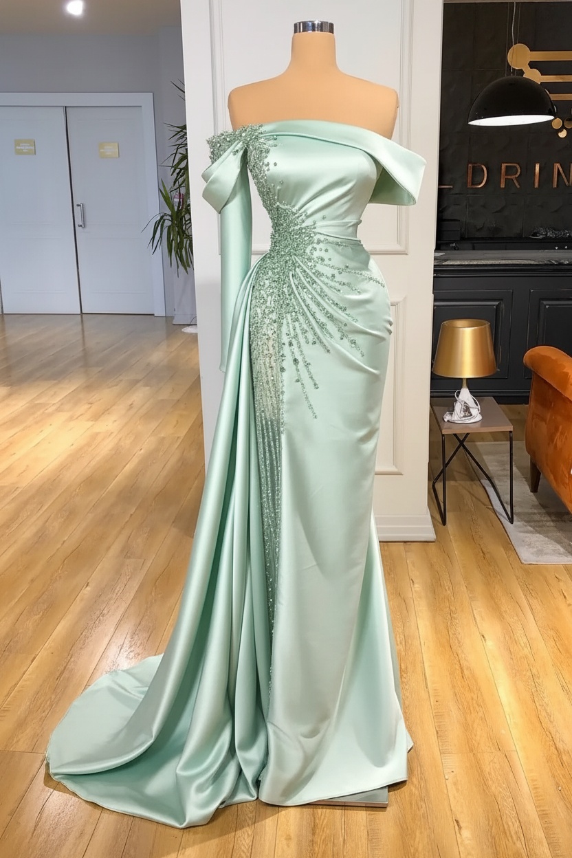 Off-the-Shoulder Satin Floor Length Prom Dress with Side Slit