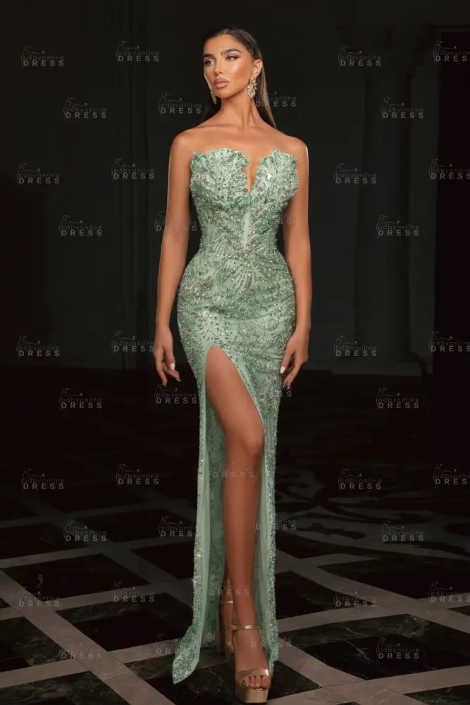 Gold Strapless Sequins Beading Split Front Column Prom Dresses