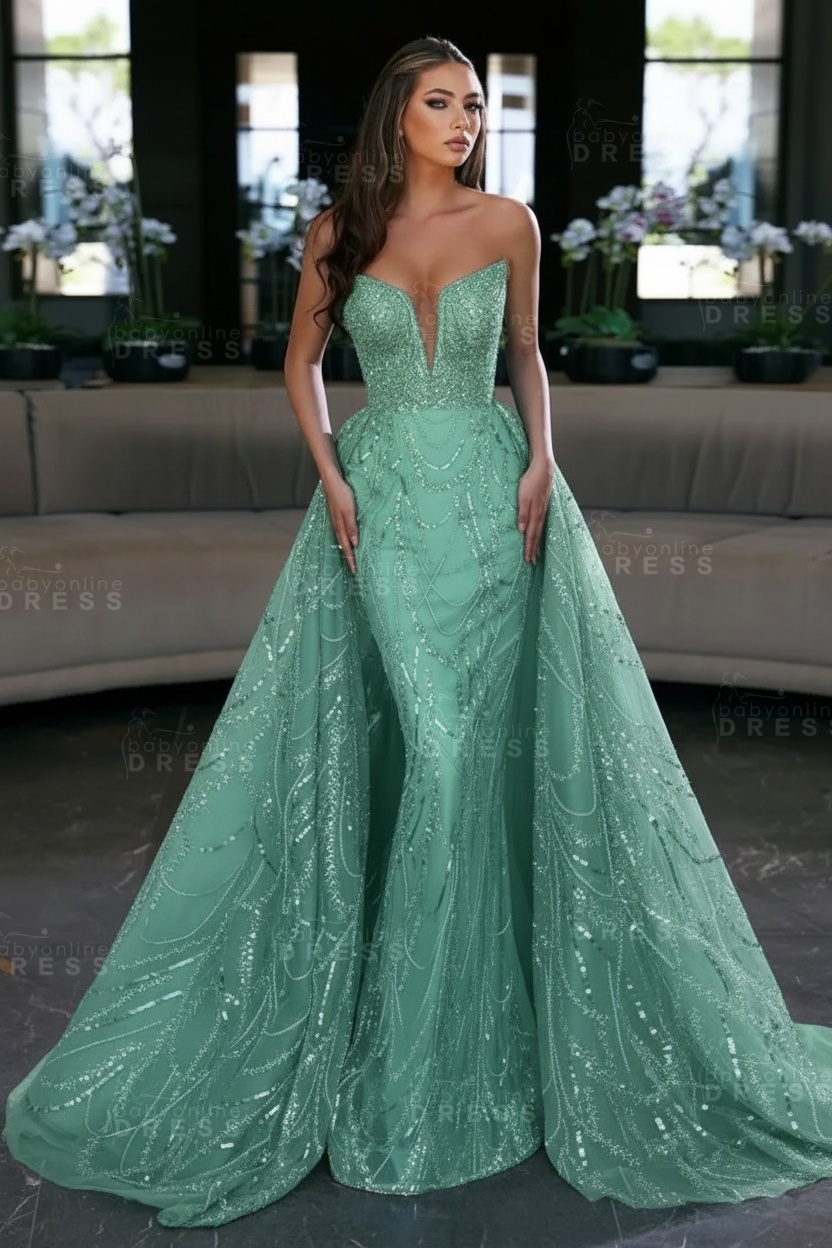 Blue Sequin Mermaid Sweetheart Prom Dresses with Overskirt