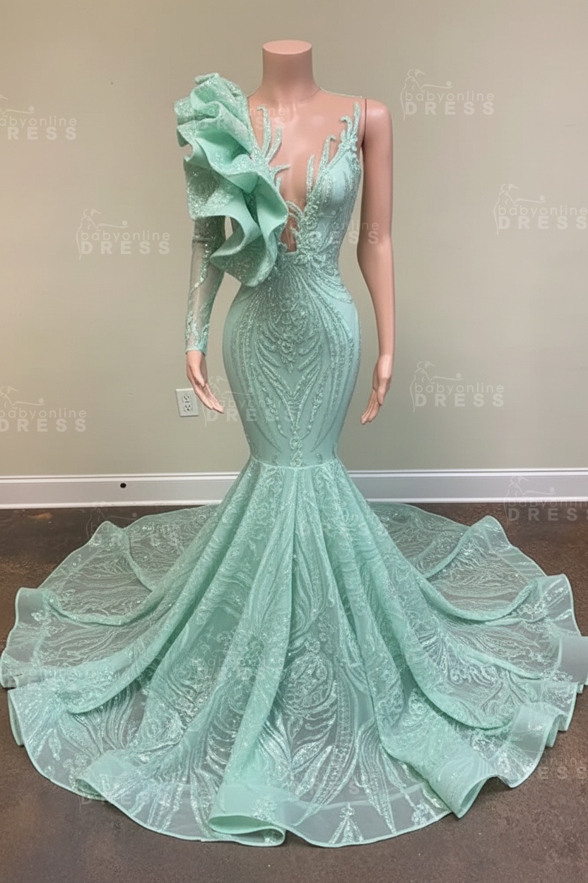 Chic Black Long Sleeve Asymmetrical Floor Length Mermaid Prom Dress
