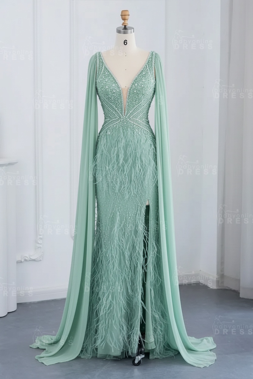 Glamorous V-Neck Fur Beadings Front Slit Mermaid Evening Gowns with Tulle with Cape Sleeves Wedding Party Dress